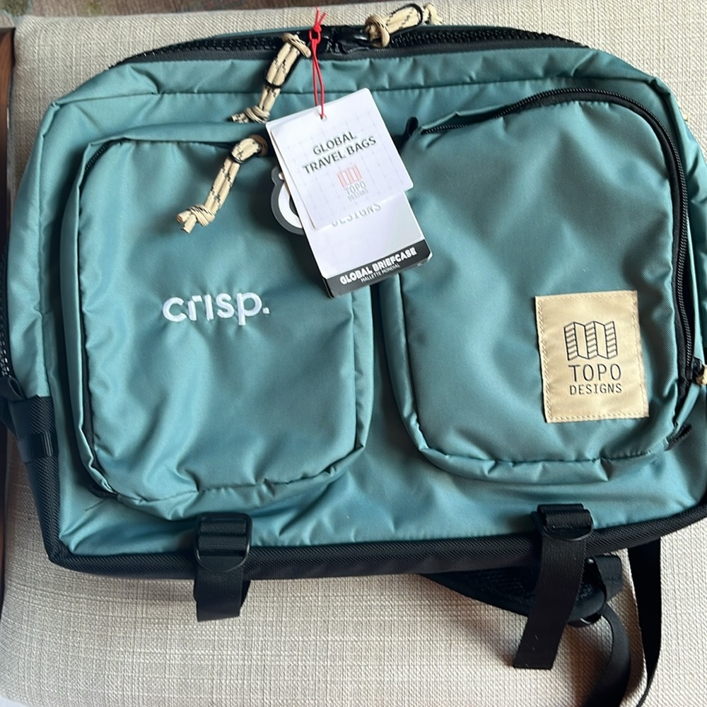 NWT Topo Designs teal Global briefcase backpack laptop compartment, 3-way carry